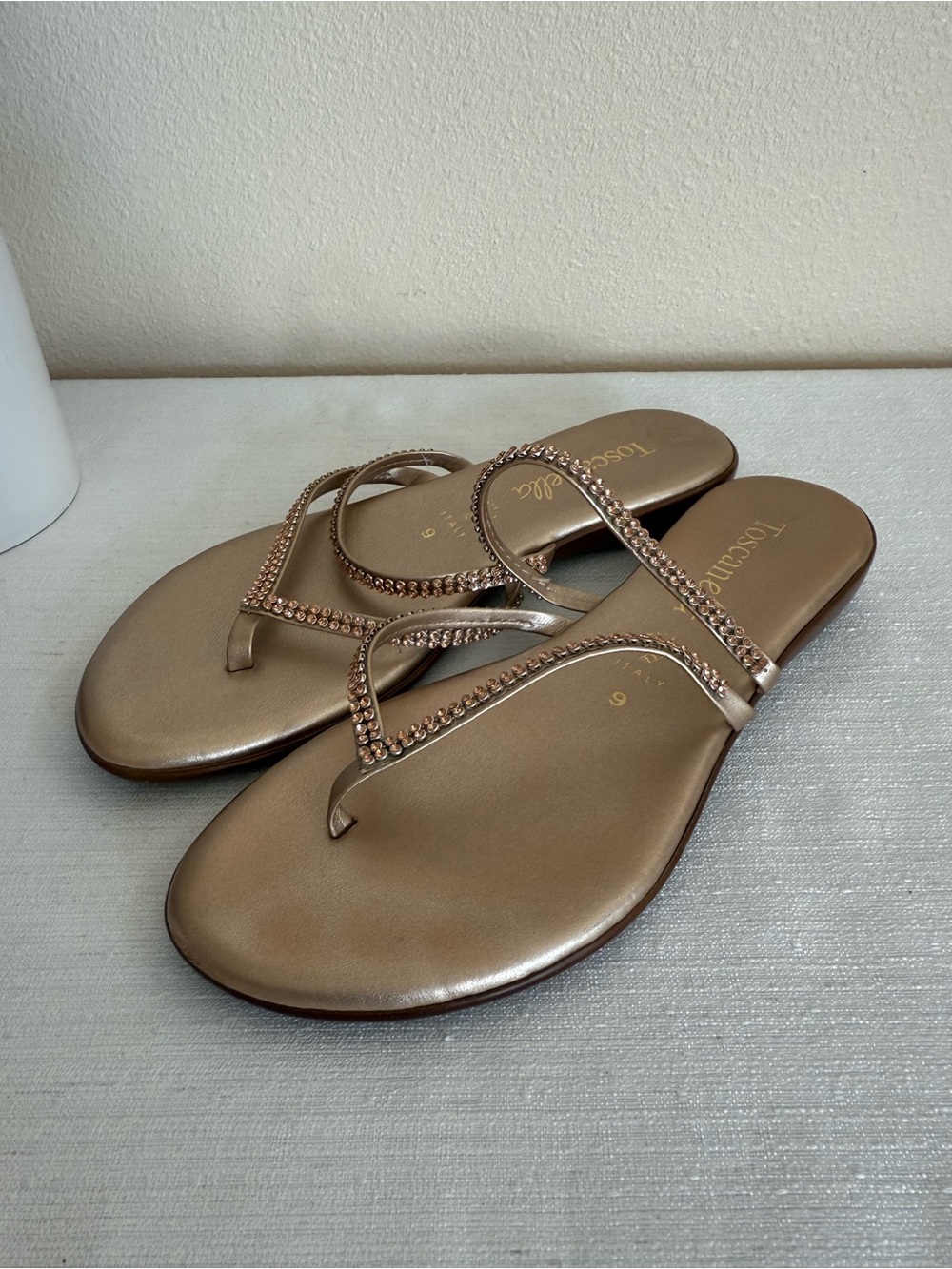 Toscanella Metallic Rose Gold Crystal-Embellished Thong Sandals